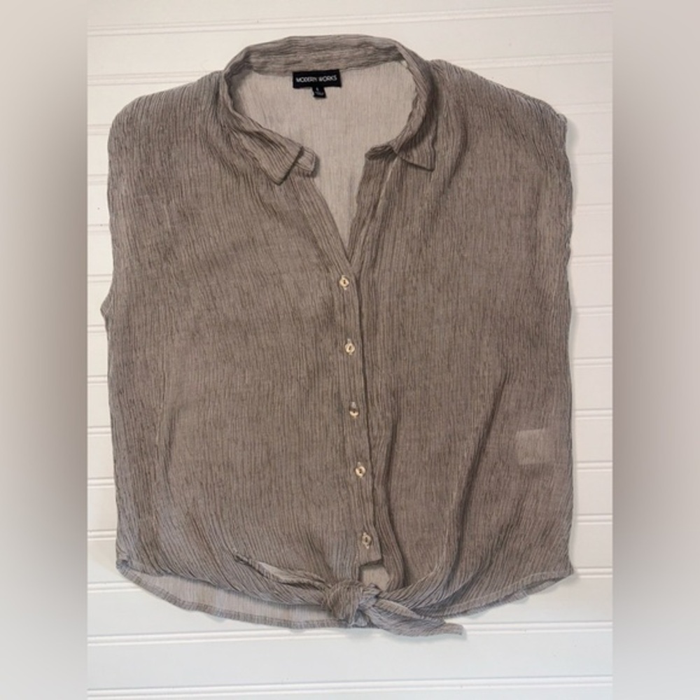 Modern Works Shirt Womens L Button Blouse Boxy Tie Oversized Gauze Sleeveless